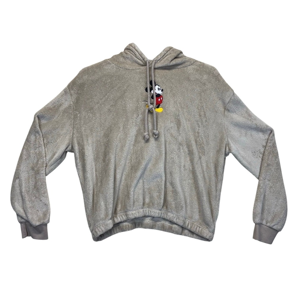 Disney Mickey Mouse Grey Plush Fleece‎ Hoodie Sweatshirt XL Embroidered Graphic